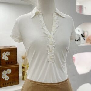 Y2K White Stretchy Cotton Collared Polo Shirt with Ruffle Detail by Jacob